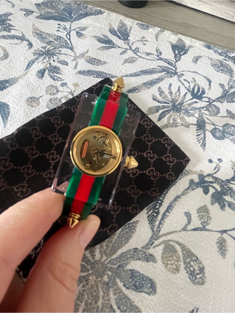 Gucci Green and Red Stripe Vintage Watch with Gold Dial and Stud Accents